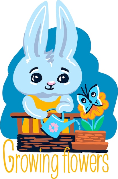 Cute cartoon hare is watering flowers on the balcony