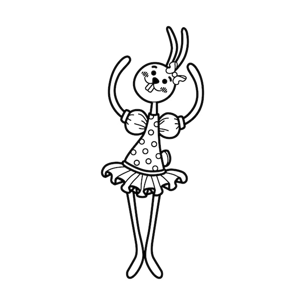 Милый мультяшный заяц линии искусства Животный кролик Ушастый персонаж кролик девушка в платье танцует балет Ручной рисунок векторные каракули иллюстрации Черно-белый изолированный элемент