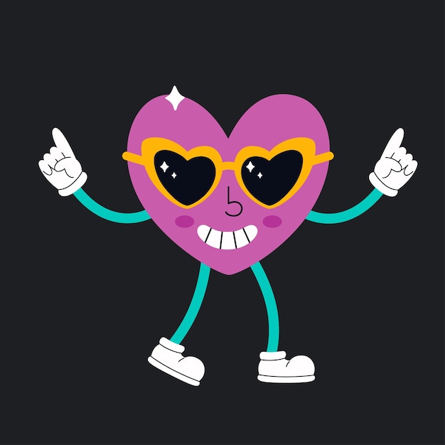 Cute cartoon heart character in retro style with eye glasses Hippie psychedelic retro