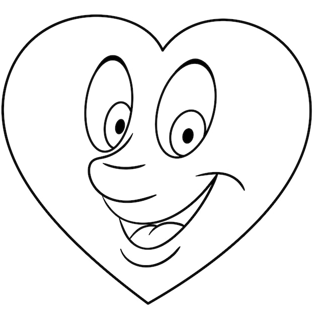 Cute cartoon heart with happy emoji face. Kids coloring page.