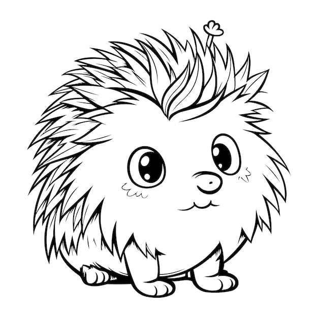 Vettore simpatico cartone animato hedgehog in bianco e nero illustrazione vettoriale isolato su sfondo bianco