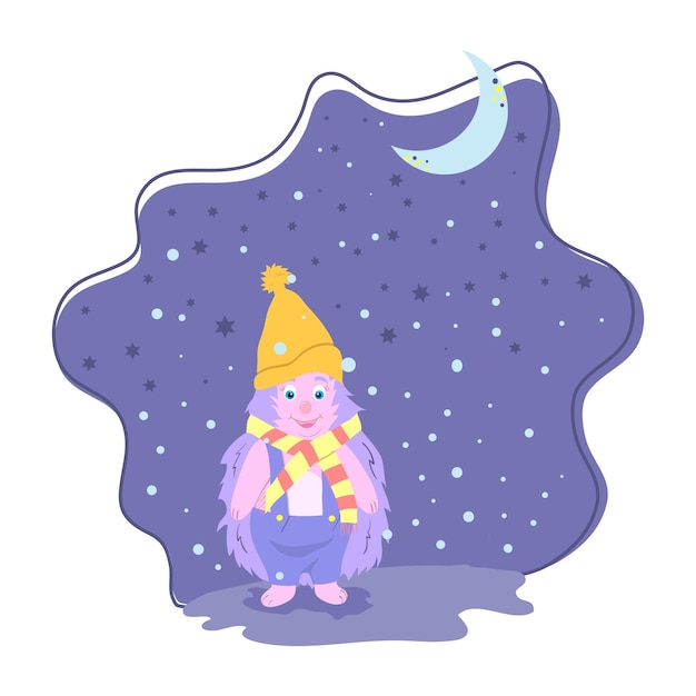 Cute cartoon hedgehog in a hat and scarf night winter moon stars snow