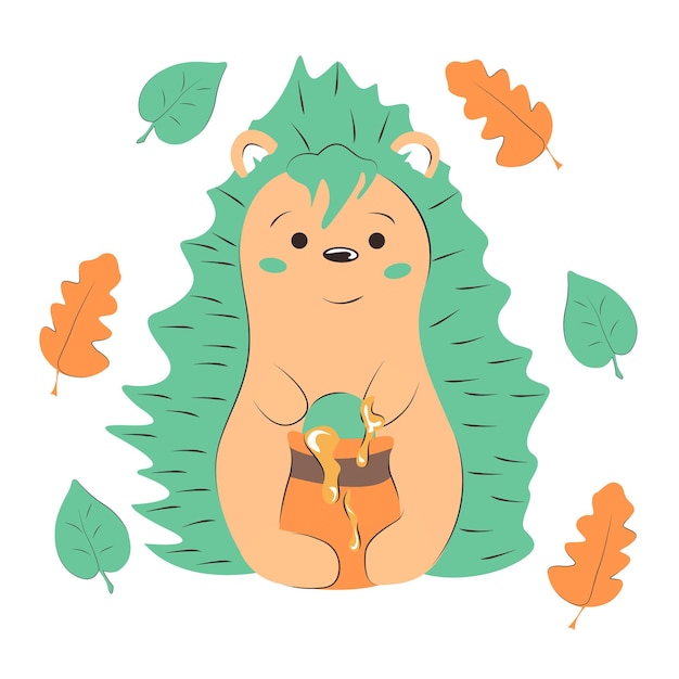 Симпатичный мультяшный ежик с бочкой меда и листьями ручной рисунок векторной иллюстрации