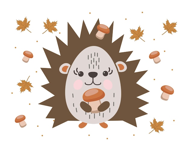 Vector cute cartoon hedgehog with mushrooms and autumn leaves. doodle style illustration, kids print