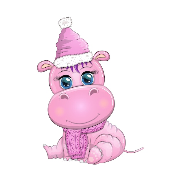 cute cartoon hippo in santa hat with gift christmas ball and candy cane new year and christmas