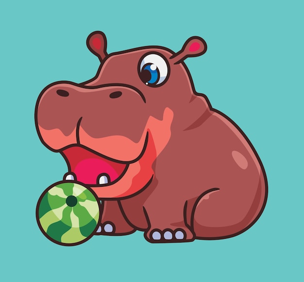 Cute cartoon hippopotamus eating watermelon isolated cartoon animal illustration vector