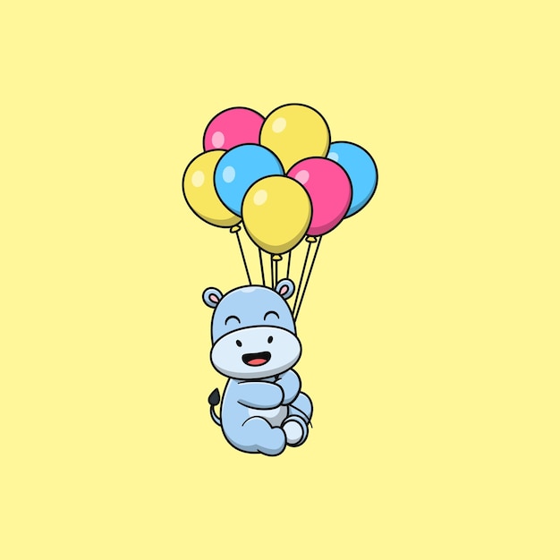 Cute cartoon hippopotamus flying with balloon