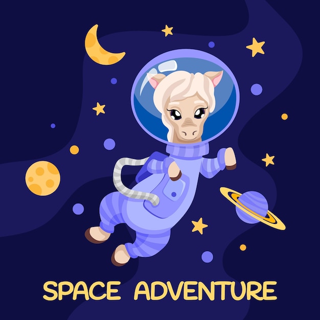 Cute cartoon horse astronaut with stars moon and planets for birthday party flyer kids print