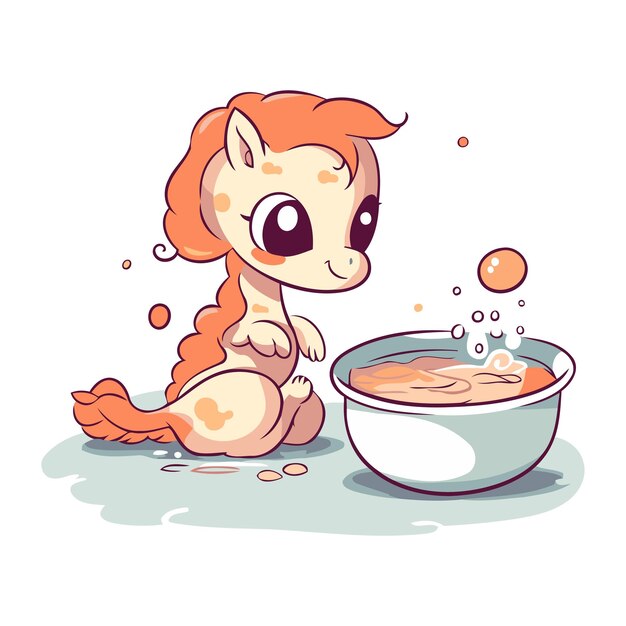 Cute cartoon horse drinking milk from a bowl vector illustration