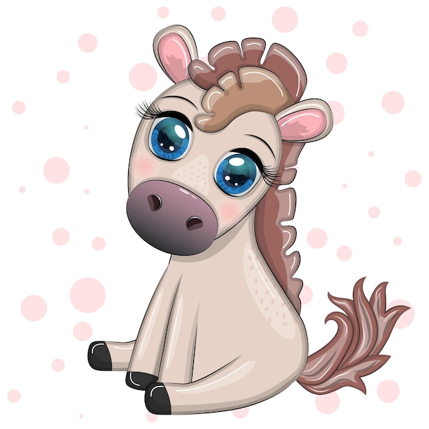 Cute cartoon horse pony for card with flowers balloons heart