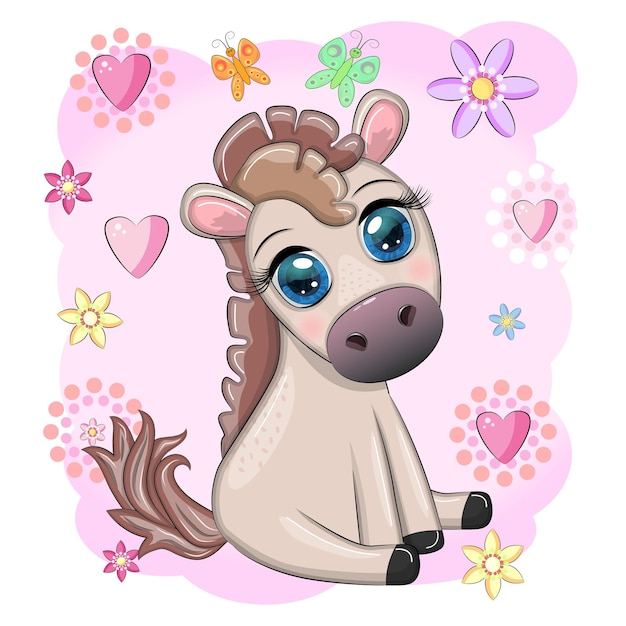 Cute cartoon horse pony for card with flowers balloons heart