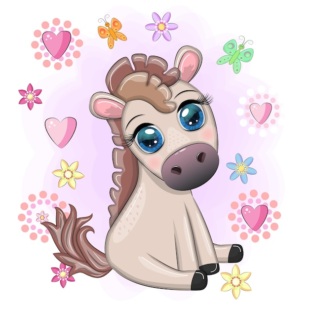 Cute cartoon horse pony for card with flowers balloons heart