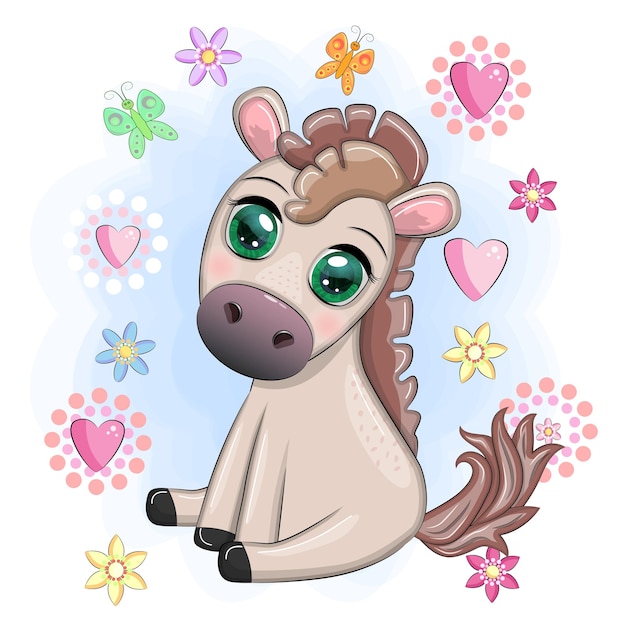 Cute cartoon horse pony for card with flowers balloons heart