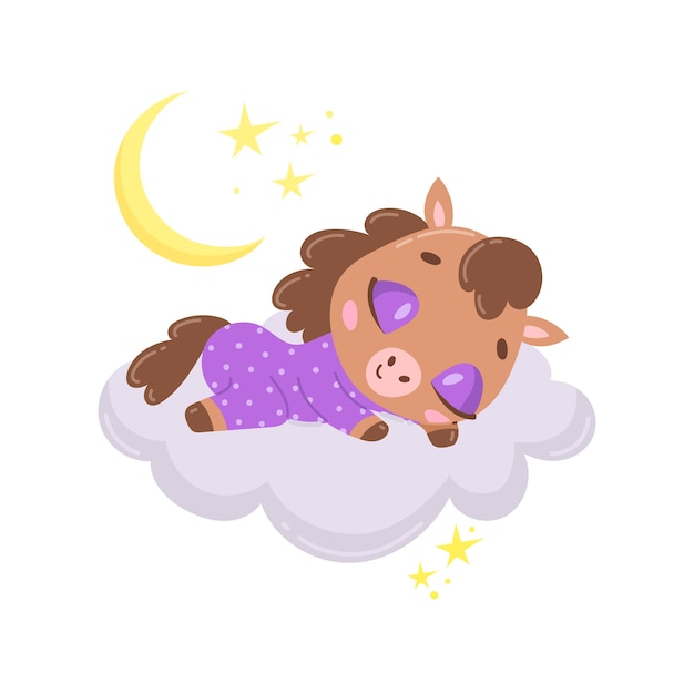 Vector cute cartoon horse sleeping on a cloud.