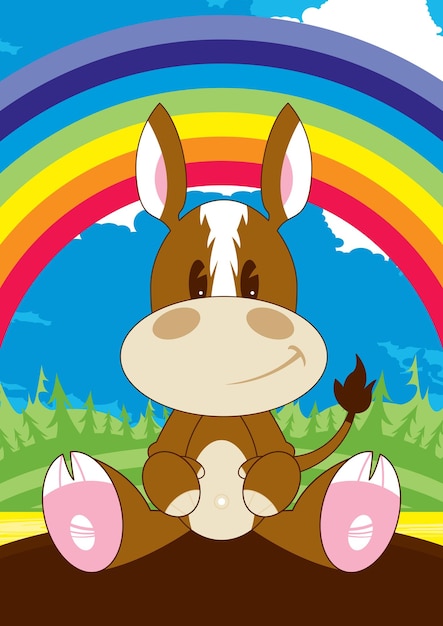 Cute cartoon horse with rainbow farmyard animal illustration