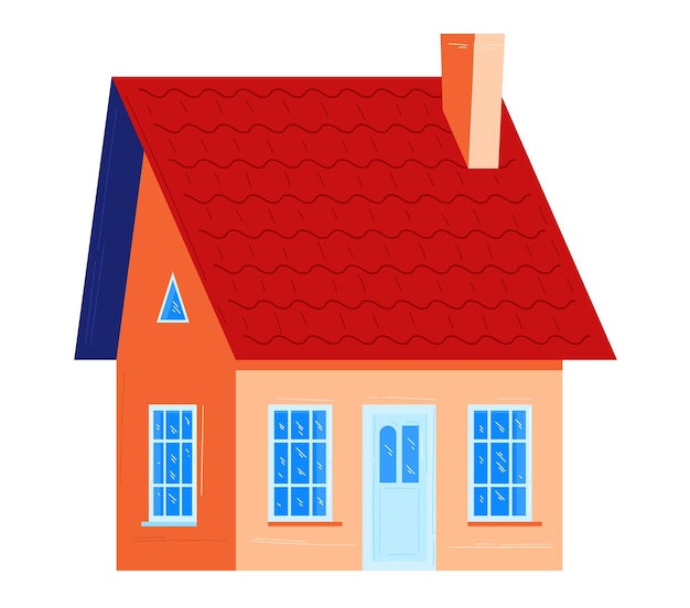 빨간 지붕, 앞 문과 창문이 있는 귀여운 만화집, 다채로운 쾌적한 집 외관 디자인, 실제