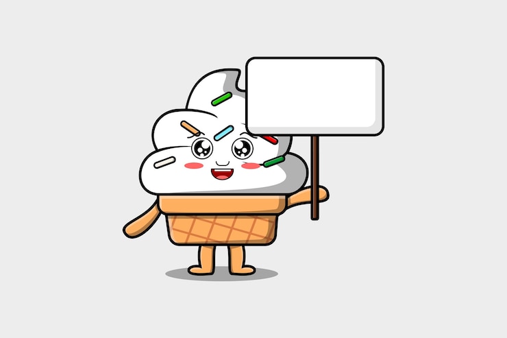 Vector 벡터 플랫 만화 스타일 그림에서 빈 보드를 들고 있는 귀여운 만화 아이스크림 캐릭터