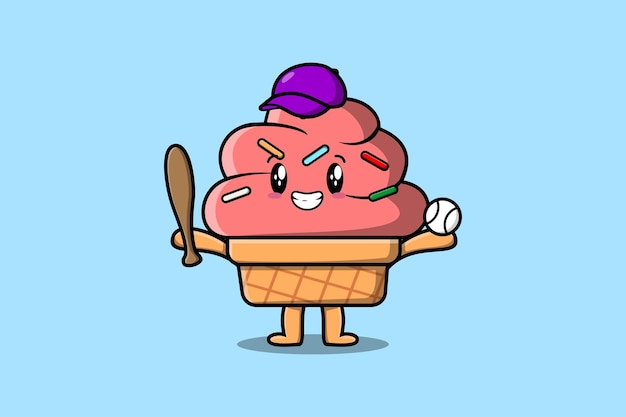 Cute cartoon ice cream character playing baseball in modern style design