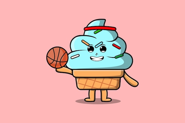 Cute cartoon ice cream character playing basketball in flat modern style design illustration