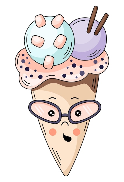 Cute cartoon ice cream clipart. Ice cone character vector illustration