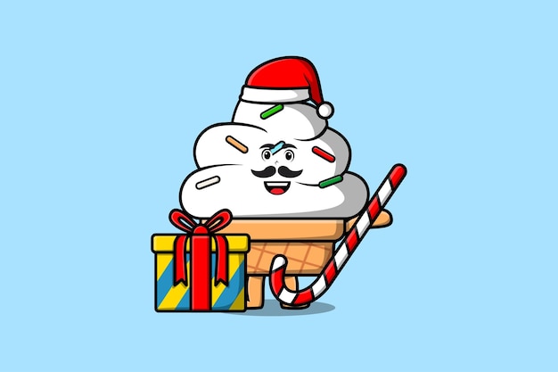 かわいい漫画のアイス クリーム サンタ クロースのキャラクターは、キャンディーの杖とボックスのクリスマスをもたらしています