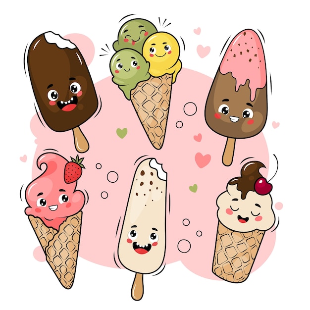 Vector cute cartoon ice cream with happy face vector collection