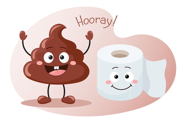 Cute cartoon icons of poop and toilet paper roll on a white background Smiling poop and toilet paper