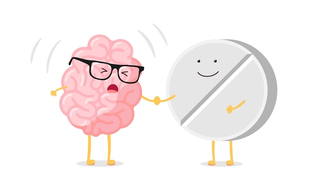 Cute cartoon ill human brain with headache and medicine pill. sick central nervous system organ. flat vector cartoon pain character illustration