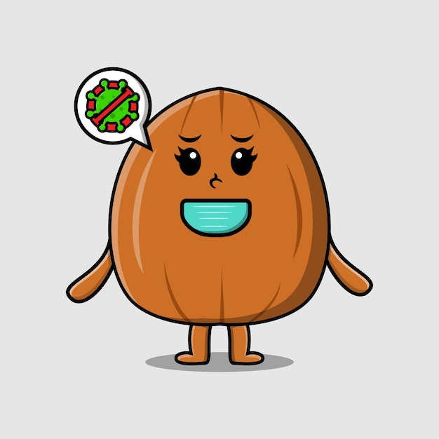 Cute cartoon illustration almond nut using mask to prevent virus cute design illustration