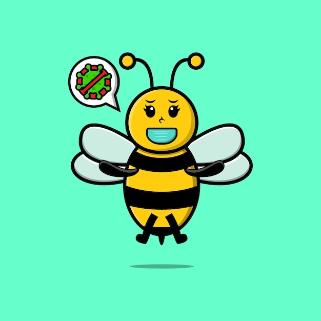 Cute cartoon illustration bee using mask to prevent corona virus in cute modern style design