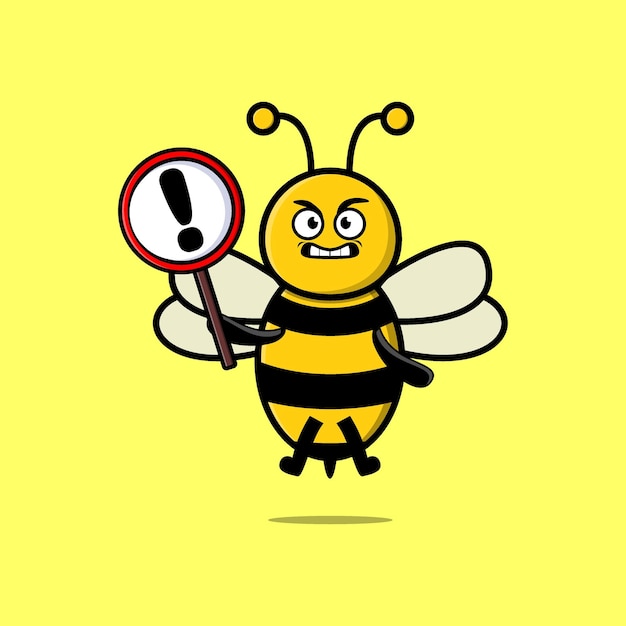 Cute cartoon illustration bee with exclamation sign board