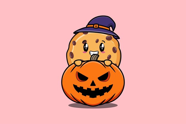 Cute cartoon illustration biscuits character hiding in the scary pumpkin halloween