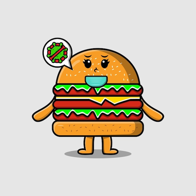 Vettore illustrazione di un cartone animato carino hamburger con maschera per prevenire i virus in un design carino e moderno