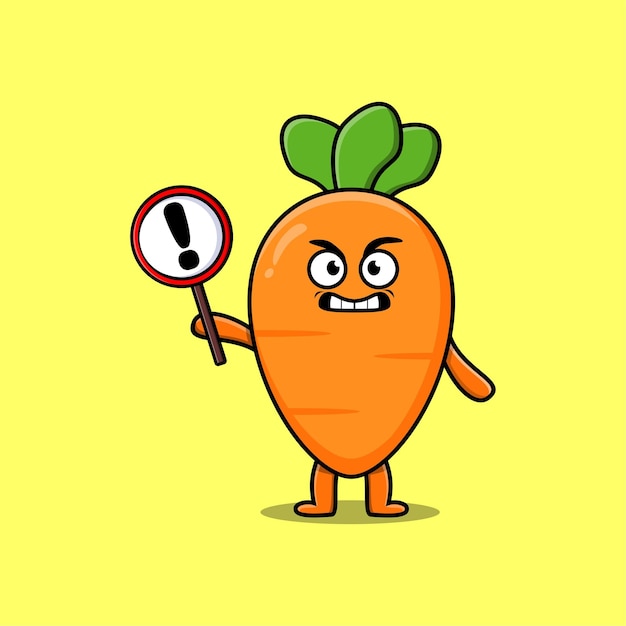 Cute cartoon illustration carrot with exclamation sign board