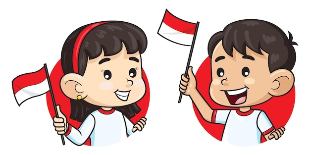 Vettore illustrazione sveglia del fumetto dei bambini che tengono la bandiera indonesiana in un cerchio giorno dell'indipendenza