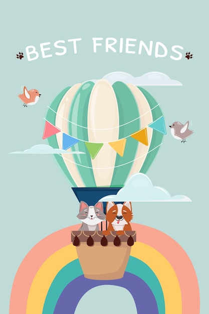 Cute cartoon illustration of a corgi and a cat flying in the hot air balloon Best friends