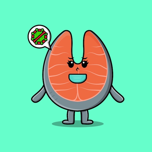 Vettore simpatico cartone animato illustrazione salmone fresco con maschera per prevenire il virus corona in un design in stile moderno