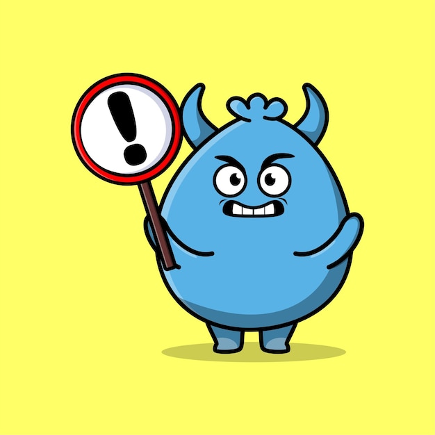 Cute cartoon illustration goblin monster with exclamation sign board