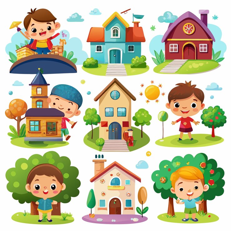 Vector cute cartoon illustration of kids playing in front of their houses