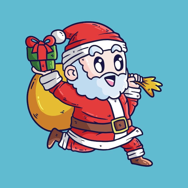 サンタクロースが走ってクリスマスプレゼントを持ってくる可愛い漫画のイラスト 可愛いサンタ漫画ベクトル