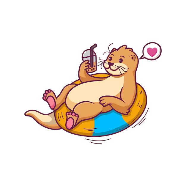 cute cartoon illustration of a otter sunbathing and holding a boba drink