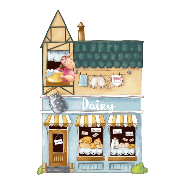 Cute cartoon illustration of shop with dairy products