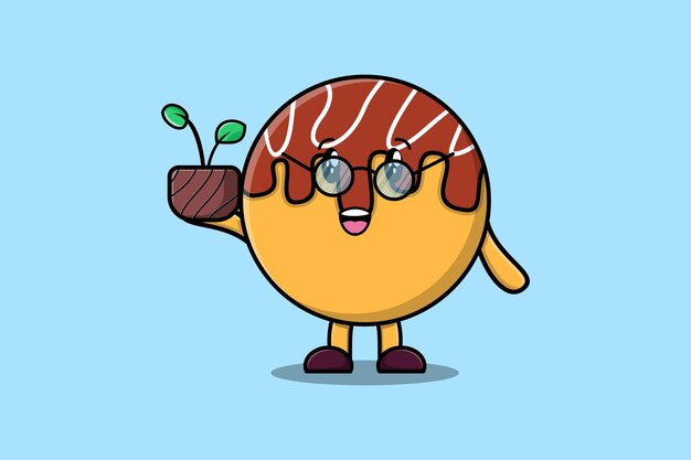 Vector cute cartoon illustration takoyaki holding plant in a pot flat modern style design