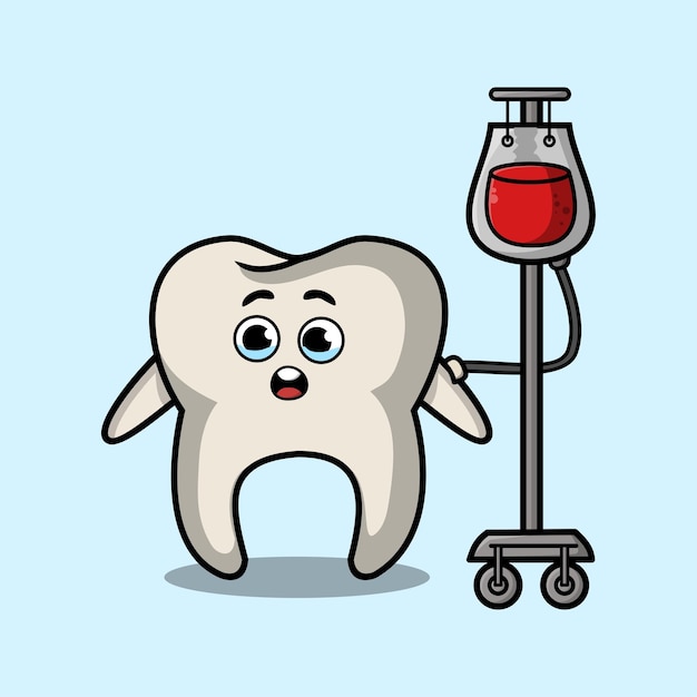 Simpatico cartone animato illustrazione del dente che ha trasfusione di sangue con un design carino in stile moderno per tshir