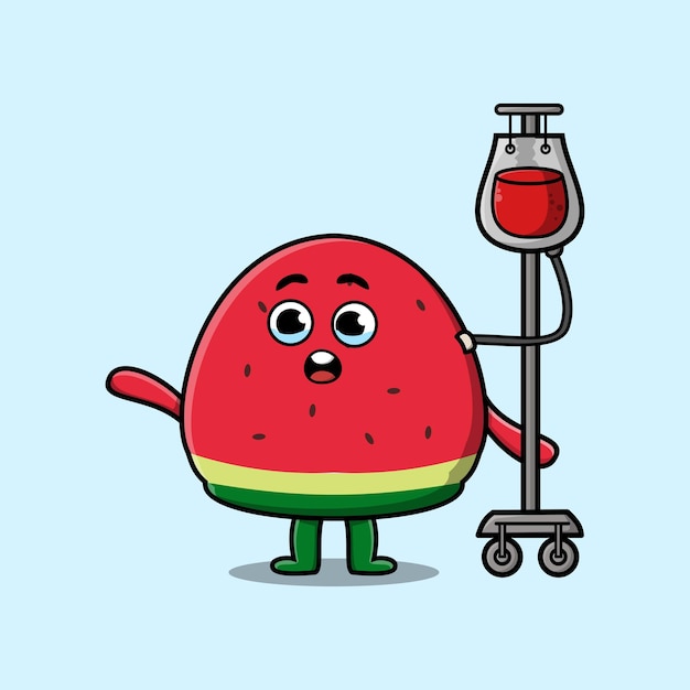 Cute cartoon illustration of watermelon having blood transfusion with cute modern style deign