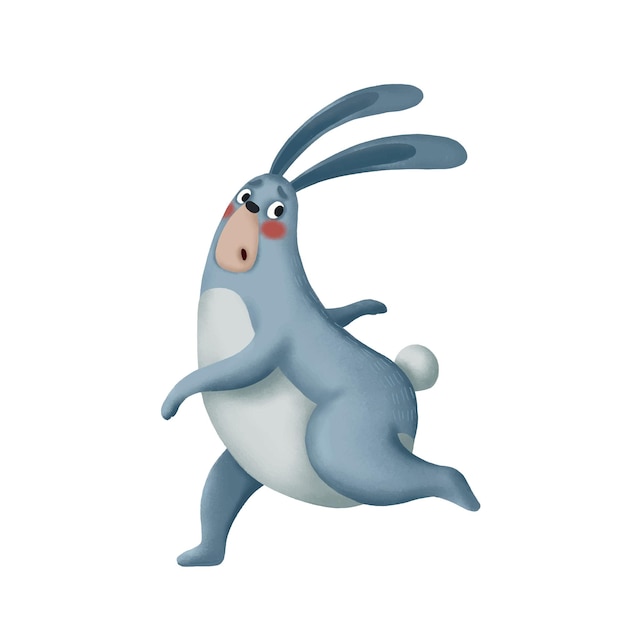 Cute cartoon illustration with a blue rabbit running away