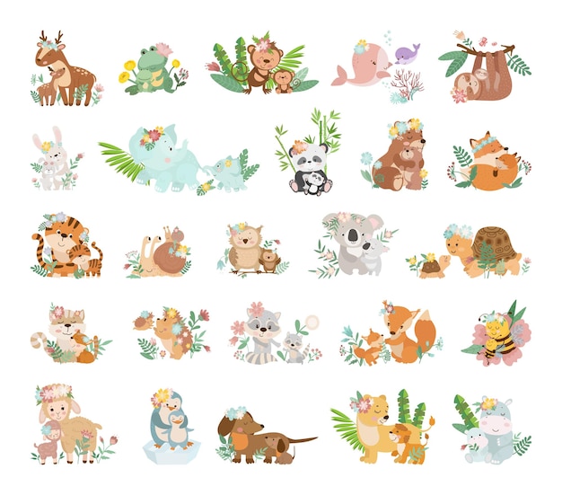 Vector cute cartoon illustrations of animals with their children