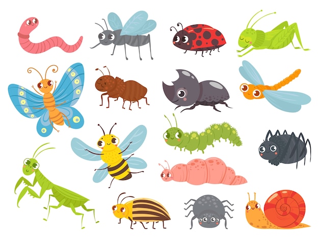 Cute cartoon insects. funny caterpillar and butterfly, children bugs, mosquito and spider