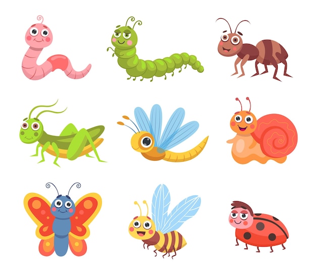 Cute cartoon insects set. illustrations of forest or garden animals, funny bug characters