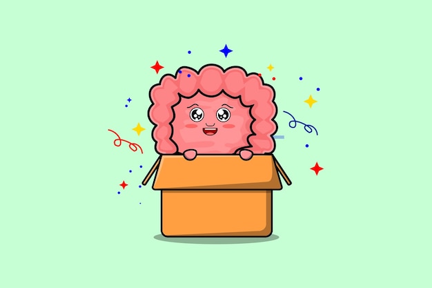 Cute cartoon Intestine character coming out from box in flat style cartoon vector icon illustration